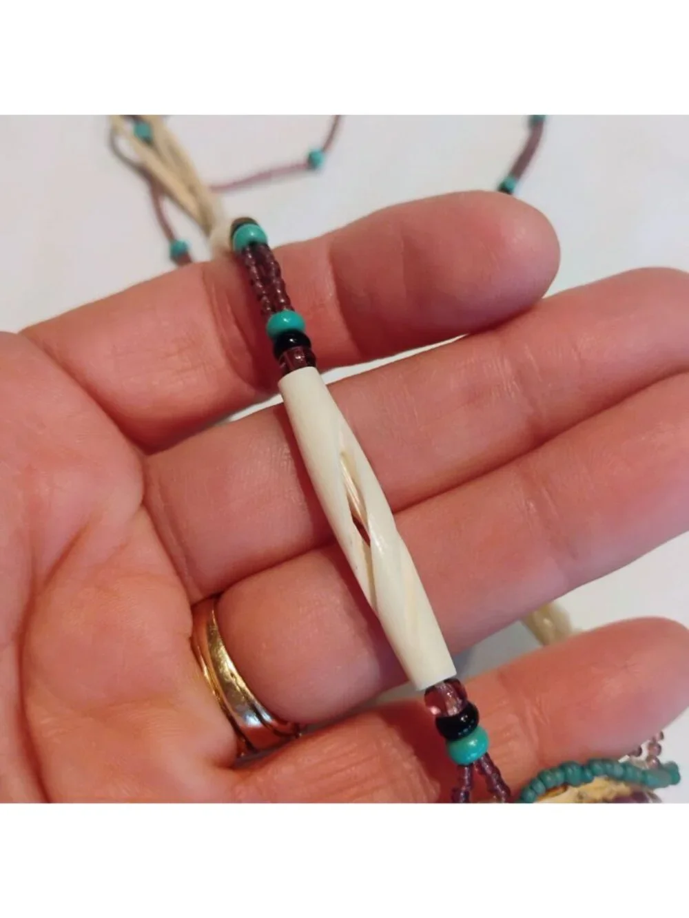 Vtg Native Wampum Bead Necklace Purple Spiny Oyster Shell on Leather - Picture 8 of 12